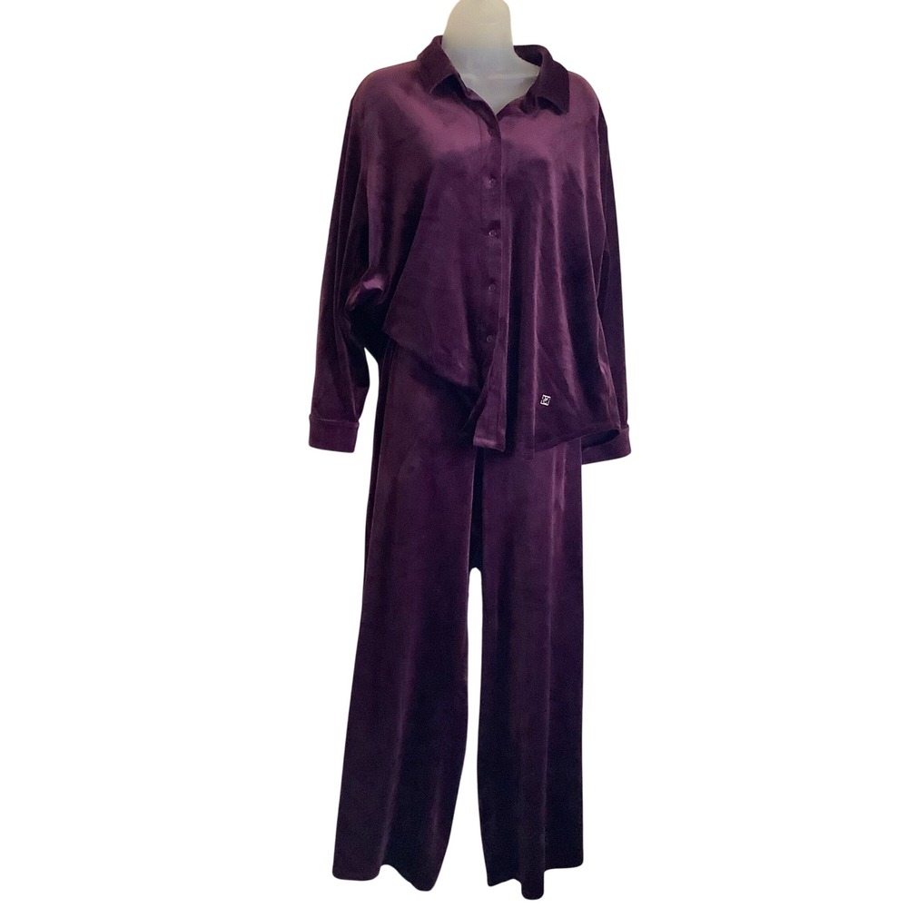 Vince Camuto Womens Purple Velour 2 Piece Lounge Set Wide Leg Pants Large